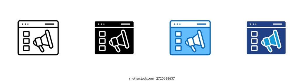 Web Promotion Multiple Style Icon Design Vector - browser window with a megaphone symbol representing online promotion, announcements, and digital outreach