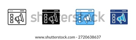 Web Promotion Multiple Style Icon Design Vector - browser window with a megaphone symbol representing online promotion, announcements, and digital outreach