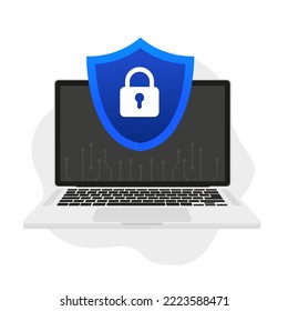 Protección de iconos de protección web, logotipos de seguridad con bloqueo. Protector de seguridad, ciberseguridad en laptop. Ilustración del vector
