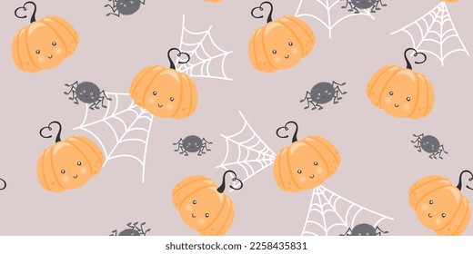 Web, pumpkin and spider with a cute face on a beige background. Halloween endless texture with kawaii characters. Vector seamless pattern for cover, surface texture, giftwrap, wrapping paper and print