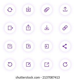 web purple color vector icons on light round buttons with purple shadow. web icon set for web, mobile apps, ui design and print