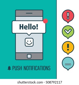 Web push notifications for your website with elements linear icons smartphone. Banners. Modern vector design element on white background, flat outline design.