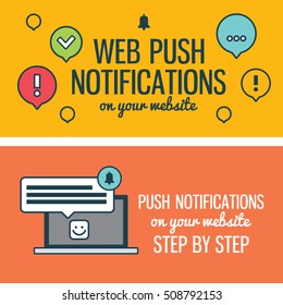 Web push notifications for your website with elements linear icons laptop. Banners. Modern vector design element on white background, flat outline design.