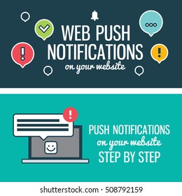 Web push notifications for your website with elements linear icons laptop. Banners.Modern vector design element on white background, flat outline design.