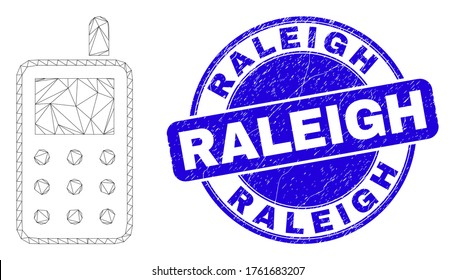 Web radio transmitter pictogram and Raleigh stamp. Blue vector round textured stamp with Raleigh message. Abstract mesh polygonal model created from radio transmitter icon.