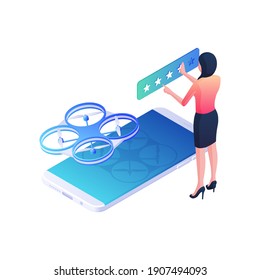 Web rating high speed and quality delivery isometric illustration. Female character is showing quality stars in mobile app for delivery goods. Modern service with quadcopter couriers vector concept.