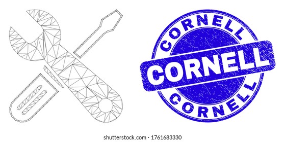 Pictograma de herramientas de reparación web y sello de sello Cornell. Sello de foca rayado redondo vector azul con la leyenda Cornell. Modelo poligonal de malla abstracta creado a partir del icono de herramientas de reparación.
