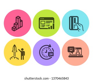 Web report, 3d chart and Payment card icons simple set. 24h delivery, Launch project and Smile signs. Graph chart, Presentation column. Technology set. Flat web report icon. Circle button. Vector