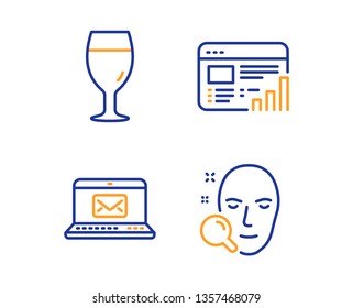 Web report, E-mail and Beer glass icons simple set. Face search sign. Graph chart, New message, Brewery beverage. Find user. Linear web report icon. Colorful design set. Vector