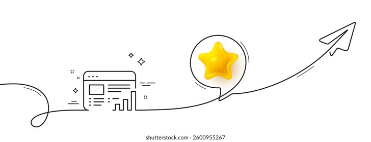 Web report line icon. Continuous line with share plane. Column graph sign. Growth diagram symbol. 3d star in speech bubble. Web report single line ribbon. Loop curve pattern. Vector