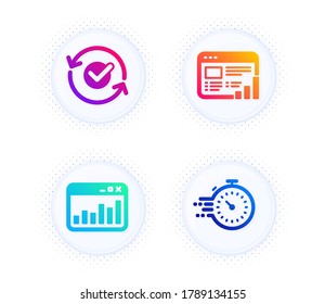 Webbericht, Marketingstatistiken und genehmigte Symbole einfache Set. Taste mit halftonischen Punkten. Timer-Schild. Graph-Diagramm, Webanalyse, Symbol aktualisieren. Terminverwaltung. Bildungsstand. Vektorgrafik