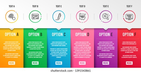 Web report, Signature and Cogwheel settings icons simple set. Skin condition, Quick tips and Web tutorials signs. Graph chart, Written pen. Science set. Infographic template. 6 steps timeline. Vector