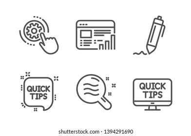 Web report, Signature and Cogwheel settings icons simple set. Skin condition, Quick tips and Web tutorials signs. Graph chart, Written pen. Science set. Line web report icon. Editable stroke. Vector