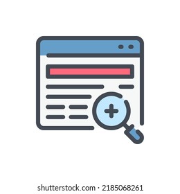 Web research color line icon. Website with content and magnifier glass vector outline colorful sign.