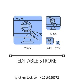 Web researcher blue linear icons set. Site analysis, data search, web analytics. Online survey. Thin line customizable 256, 128, 64 and 32 px vector illustrations. Contour symbols. Editable stroke