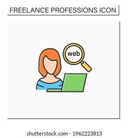 Web researcher color icon. Obtaining information from internet. Research fresh, new knowledge. Freelance professions concept. Isolated vector illustration