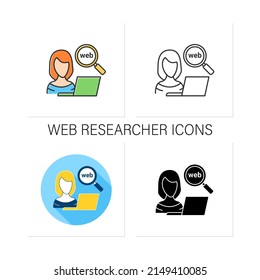 Web researcher icons set. Obtaining information from internet. Research fresh, new knowledge. Freelance professions.Collection of icons in linear, filled, color styles.Isolated vector illustrations