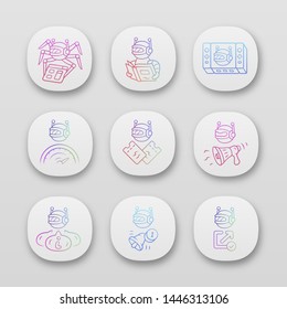 Web robots app icons set. Crawler, text-reading, informational bot. Proactive, optimizer robot. Artificial intelligence. UI/UX user interface. Web or mobile applications. Vector isolated illustrations
