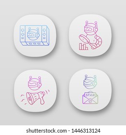 Web robots app icons set. Game, propaganda, monitoring, spam bot. Artificial intelligence. Virtual reality. Spam attack. UI/UX user interface. Web or mobile applications. Vector isolated illustrations