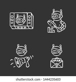 Web robots chalk icons set. Game, propaganda, monitoring, spam bot. Artificial intelligence, AI. Virtual reality. Spam attack. Marketing campaign. Isolated vector chalkboard illustrations