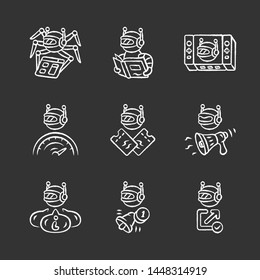 Web robots chalk icons set. Crawler, text reading, propaganda, backlink checker. Proactive, optimizer. Artificial intelligence. Software app. Isolated vector chalkboard illustrations