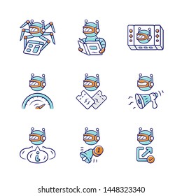 Web robots color icons set. Crawler, text-reading, propaganda, backlink checker, informational robot. Proactive, optimizer. Artificial intelligence. Software app. Isolated vector illustrations