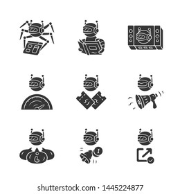 Web robots glyph icons set. Crawler, text-reading, backlink checker, informational bot. Proactive, optimizer robot. Artificial intelligence. Silhouette symbols. Vector isolated illustration