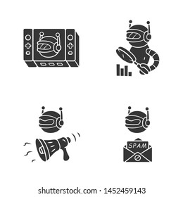 Web robots glyph icons set. Game, propaganda, monitoring, spam bot. Artificial intelligence. Virtual reality. Spam attack. Silhouette symbols. Vector isolated illustration