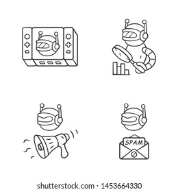 Web robots linear icons set. Game, monitoring, spam bot. Artificial intelligence. Virtual reality. Spam attack. Thin line contour symbols. Isolated vector outline illustrations. Editable stroke