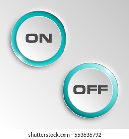 web round button on & off positions for website or app. Isolated bell sign with border, reflection and shadow on background. Vector eps10.