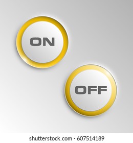 web round button with on off text for website or app. Isolated sign with border, reflection and shadow on background. Vector eps10.