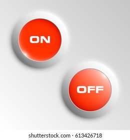 web round button with on and off text for website or app. Isolated bell sign with border, reflection and shadow on background. Vector eps10.