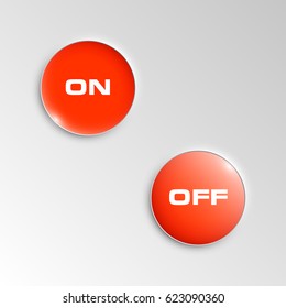 web round button with on and off text for website or app. Isolated bell sign with border, reflection and shadow on background. Vector eps10.