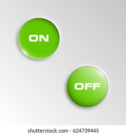 web round button with on and off text for website or app. Isolated bell sign with border, reflection and shadow on background. Vector eps10.