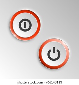 web round button on and off mark patch of reflected light for website or app. Isolated bell button sign with border, reflection and shadow on background. Vector button inclusion mark eps10.