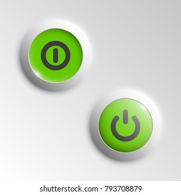 web round button on and off mark patch of reflected light for website or app. Isolated bell button sign with border, reflection and shadow on background. Vector button inclusion mark eps10.