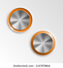 web round metall button on off mark patch reflected light website app. Isolated bell metall button round sign border, reflection shadow steel background. Button steel circle inclusion mark banner