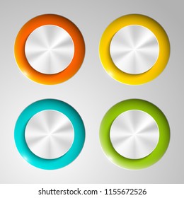 web round metall button on off mark patch reflected light website app. Isolated bell metall button round sign border, reflection shadow steel background. Button steel circle inclusion mark banner