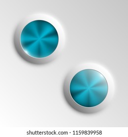 web round metall button on off mark patch reflected light website app. Isolated bell metall button round sign border, reflection shadow steel background. Button steel circle inclusion mark banner