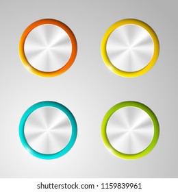 web round metall button on off mark patch reflected light website app. Isolated bell metall button round sign border, reflection shadow steel background. Button steel circle inclusion mark banner