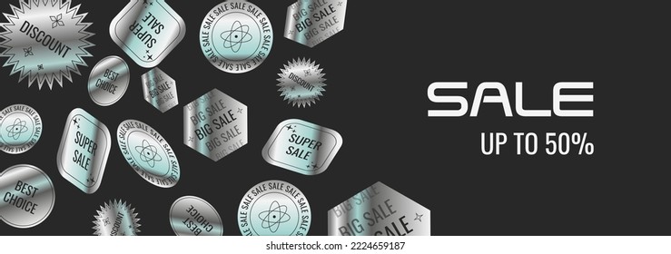 Web sale background taplate with trendy abstract holographic sticker decoration. Modern y2k art banner for online promorion, store discount or social media post. Cover for black friday or cyber monday