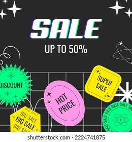 Web sale background taplate with trendy abstract sticker decoration. Modern y2k art banner for online promorion, store discount or social media post. Cover for black friday or cyber monday