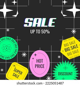 Web sale background taplate with trendy abstract sticker decoration. Modern y2k art banner for online promorion, store discount or social media post. Cover for black friday or cyber monday