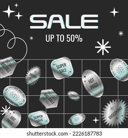 Web sale background taplate with trendy abstract holographic sticker decoration. Modern y2k art banner for online promorion, store discount or social media post. Cover for black friday or cyber monday