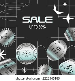 Web sale background taplate with trendy abstract holographic sticker decoration. Modern y2k art banner for online promorion, store discount or social media post. Cover for black friday or cyber monday
