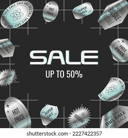 Web sale background taplate with trendy abstract holographic sticker decoration. Modern y2k art banner for online promorion, store discount or social media post. Cover for black friday or cyber monday