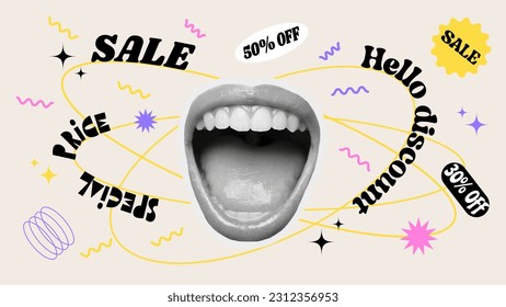 Web sale background template in modern trendy business discount. Pop art hipster 90s abstract art label for store, online promotion or social media post. Vector retro style collage element. 
