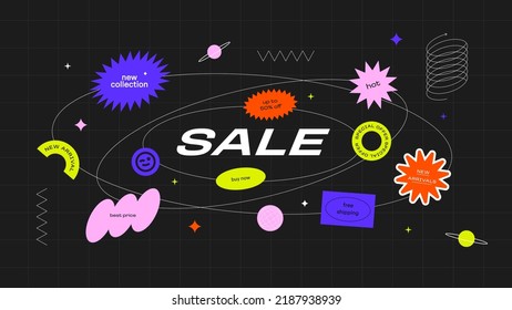 Web sale background template for trendy business discount. Retro 90s abstract art label for store discount, online promotion or social media post. Fun y2k style graphic element landing page.