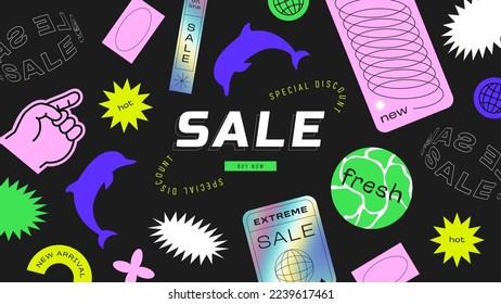 Web sale background template for trendy business discount. Retro 90s abstract art label for store discount, online promotion or social media post. Fun y2k style graphic element landing page.