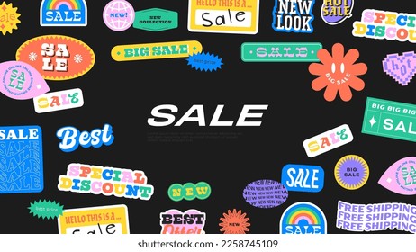 Web sale background template for trendy business discount. Retro 90s label sticker for store discount, online promotion or social media post. Fun y2k style graphic element landing page.